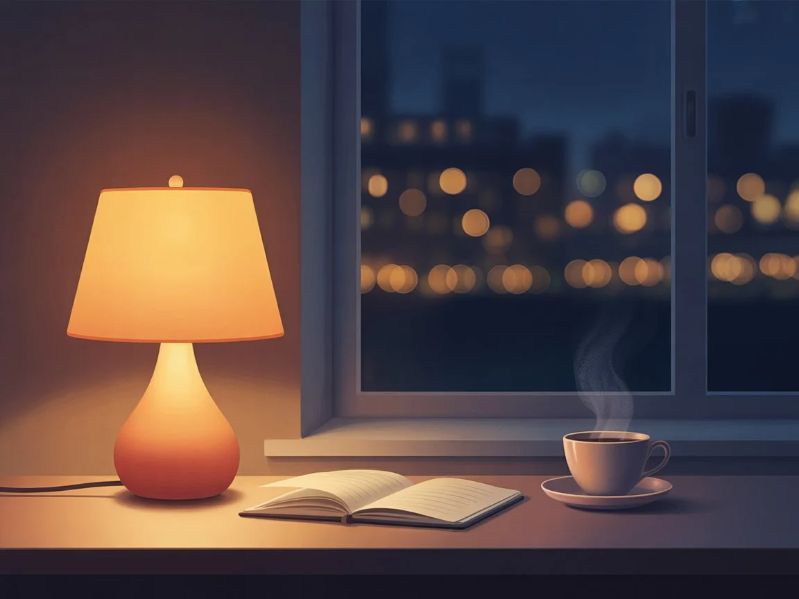 A warm desk lamp illuminating a calm room at night, symbolizing Sukoon's late-night reflection space